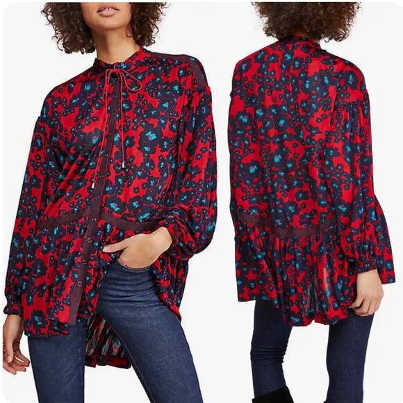 Free People Merlot Combo Love Letter Red & Blue Floral Size Small - Picture 6 of 16
